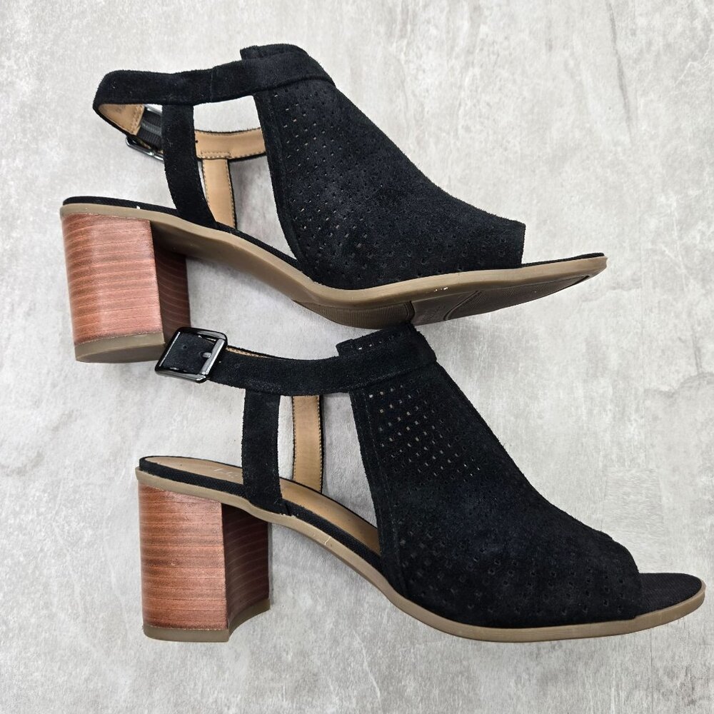 Franco Sarto Heeled Sandals Sz 8 Black Perferated Suede Dressy Block Heel Shoes - Picture 6 of 12